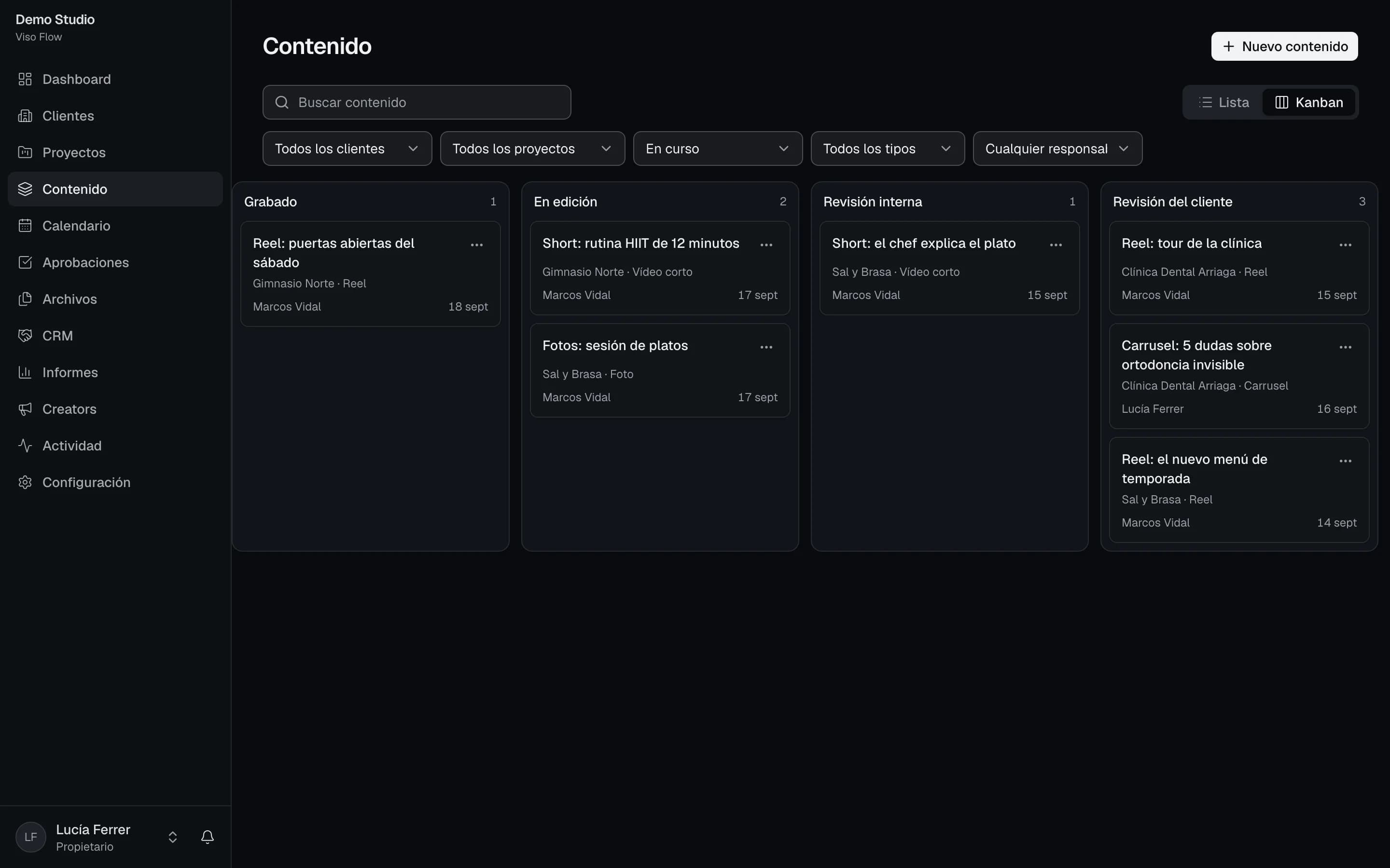 Kanban de contenido de Viso Flow con columnas por estado y tarjetas con cliente, responsable y fecha límite