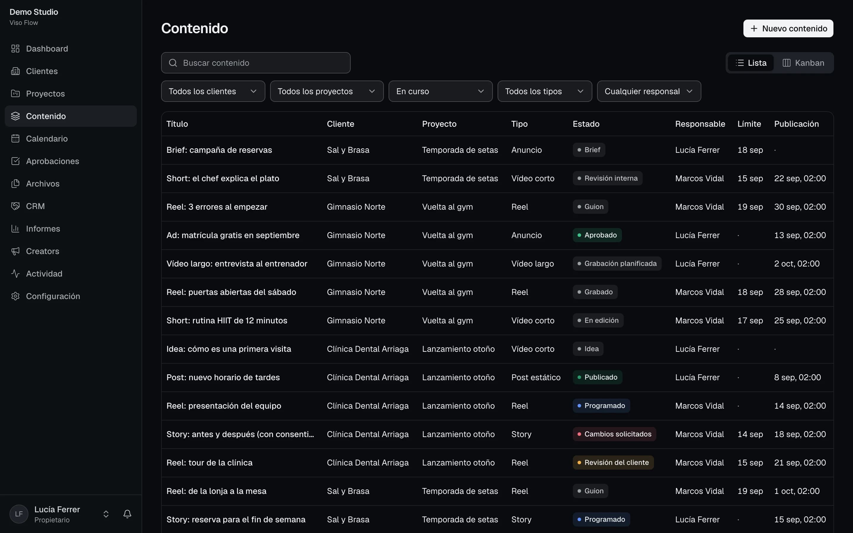 Lista de contenido de Viso Flow con filtros por cliente, proyecto, estado, tipo y responsable