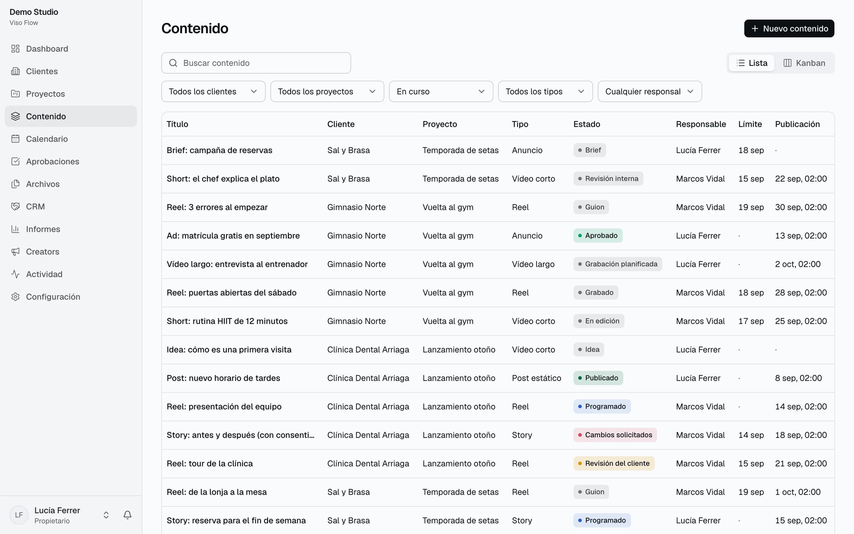 Lista de contenido de Viso Flow con filtros por cliente, proyecto, estado, tipo y responsable